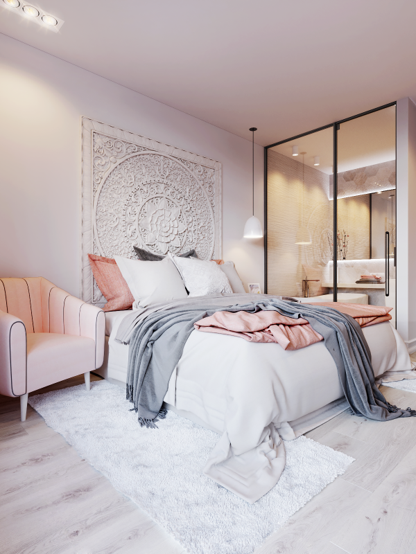 Expressive wall panel behind the bed Розово-белый минималистичный интерьер в Киеве, Украина