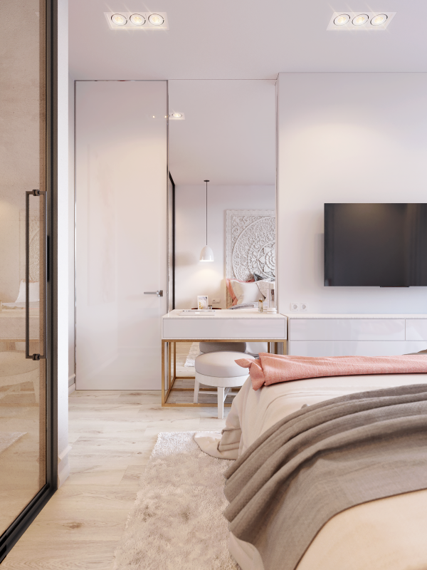 Wall mirror, vanity table and chair in the bedroom Розово-белый минималистичный интерьер в Киеве, Украина