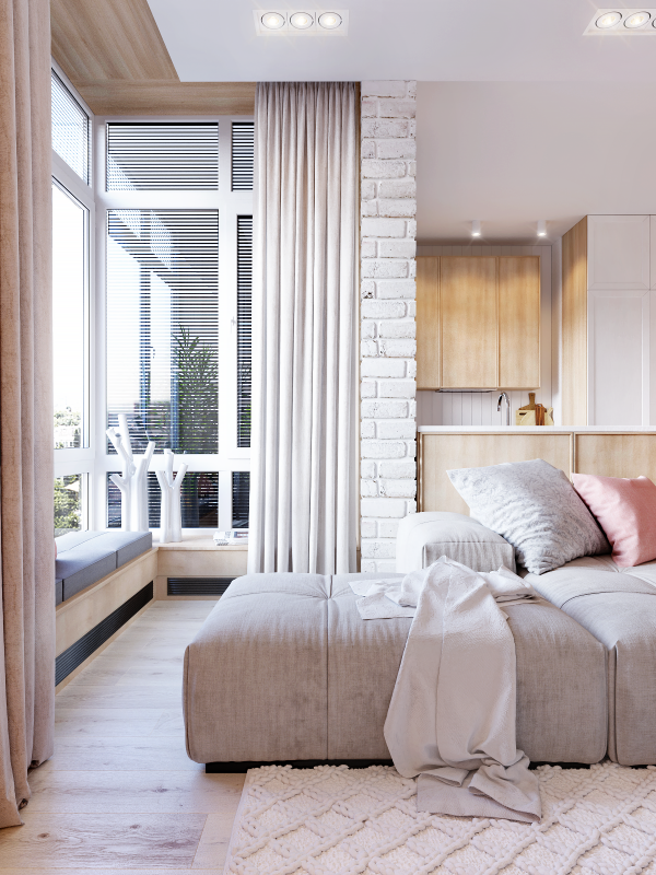 Large windows let the natural light brighten the whole apartment Розово-белый минималистичный интерьер в Киеве, Украина
