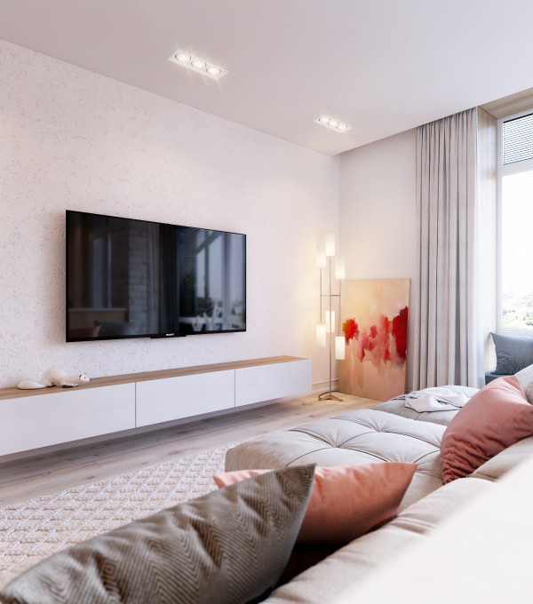 Beautiful living room interior Розово-белый минималистичный интерьер в Киеве, Украина