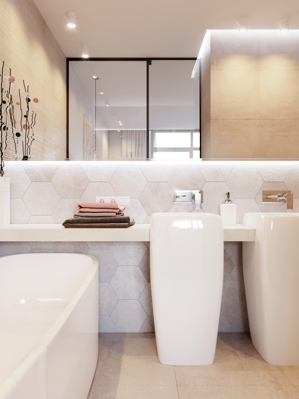 Hexagon tiles in the bathroom Розово-белый минималистичный интерьер в Киеве, Украина