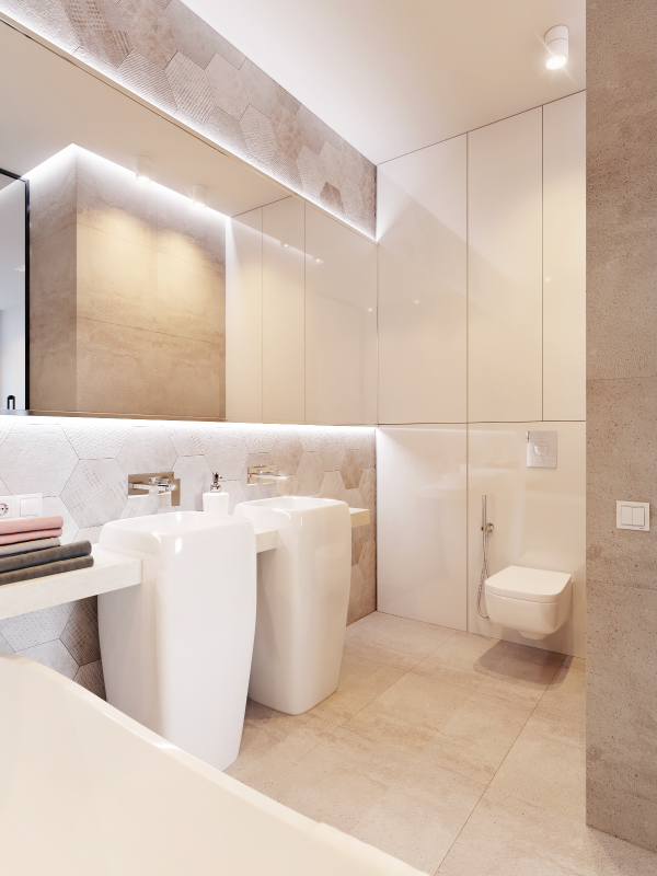Bathroom interior in beige tones Розово-белый минималистичный интерьер в Киеве, Украина