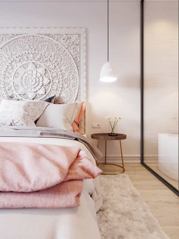 Minimalist bedroom design Розово-белый минималистичный интерьер в Киеве, Украина