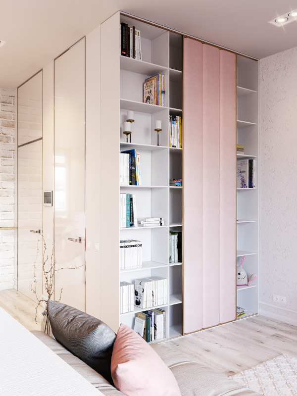 Wall mounted shelving unit Розово-белый минималистичный интерьер в Киеве, Украина